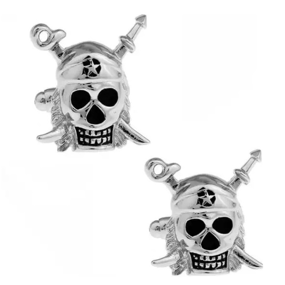 Silver Pirate Skull Cufflinks with Swords - Picture 1 of 16